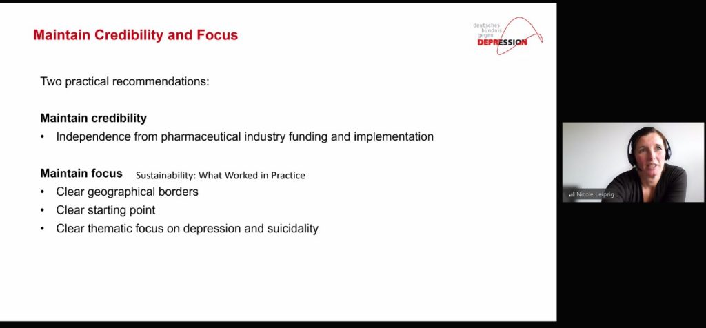 Dr Nicole Koburger of the German Depression Foundation presenting practical recommendations on sustainability at the MENTBEST plenary meeting