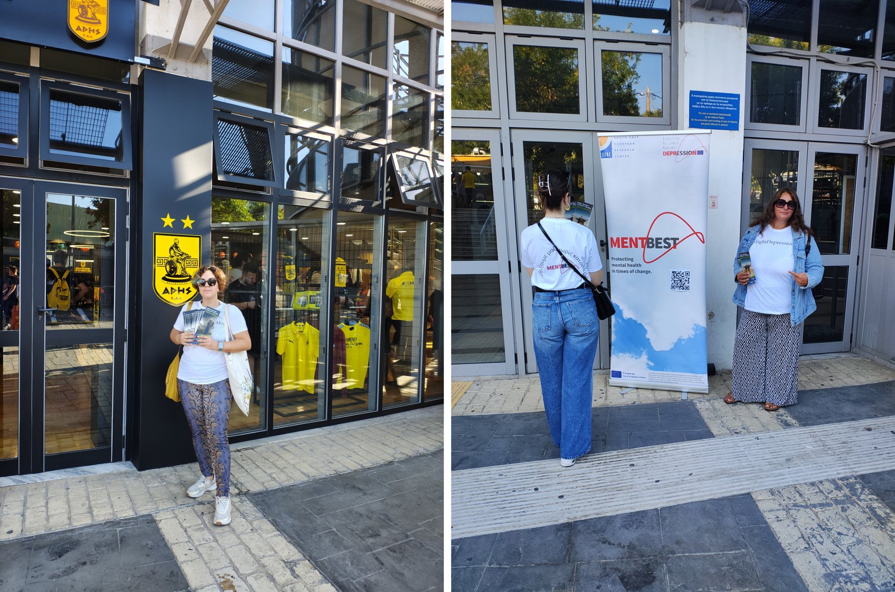 SEERC volunteers with MENTBEST leaflets and banner at the ARIS – AEK basketball game, Nick Gallis Hall, Thessaloniki, World Mental Health Day 2026